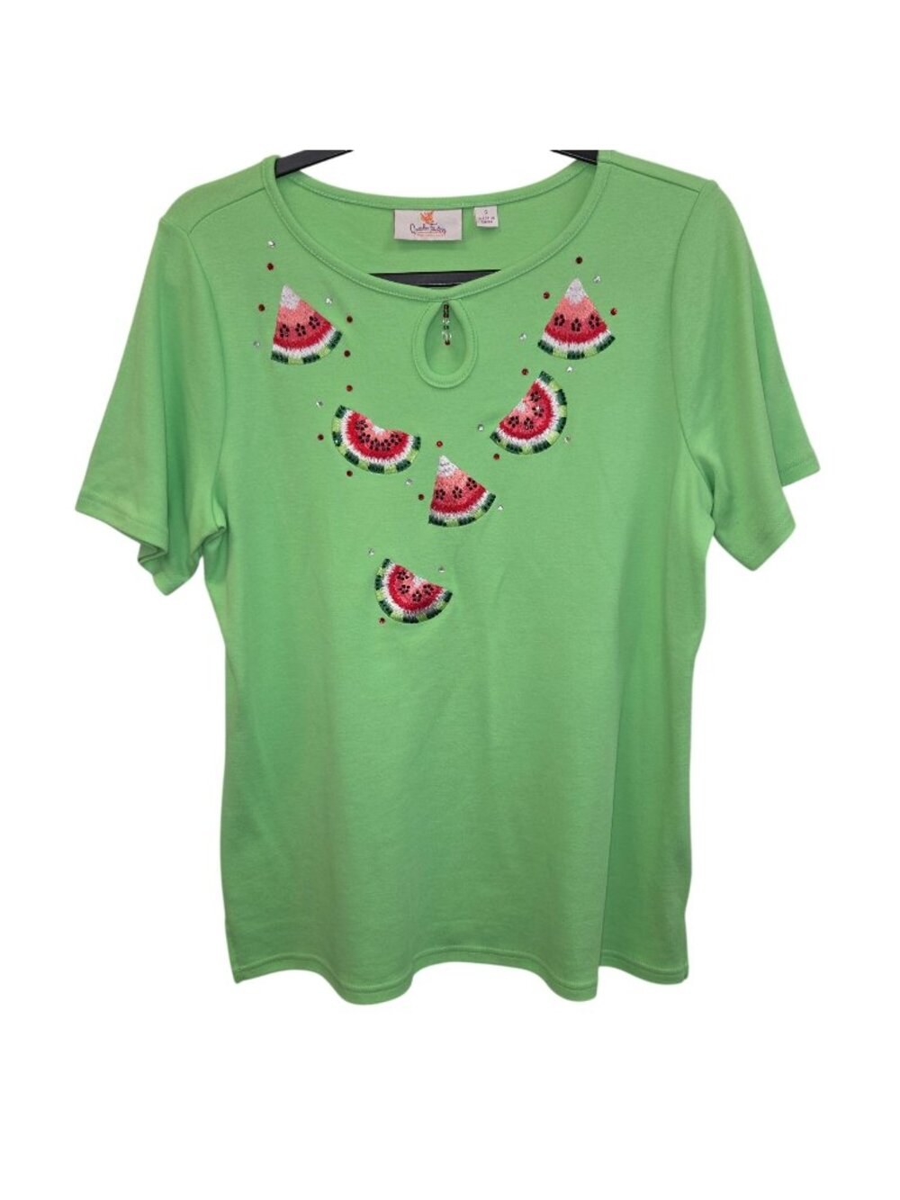 Quacker Factory S Green Watermelon Embellished Keyhole Short Sleeve Top 4582